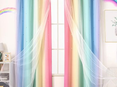 Blackout Stars Kids Curtains for Girls Bedroom Aesthetic Decor Colorful Kawaii Double Layer Star Cut Out Stripe Rainbow Window Wall Home Decoration Curtain,1 Panel, W52 x L84 Inches