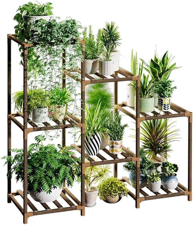 Bamworld Plant Stand Indoor Wood Plant Shelf Outdoor Tiered Plant Rack for Multiple Plants 3 Tiers 7 Pots Ladder Plant Holder Plant Table for Plant Pots Boho Home Decor for Gardening Gifts