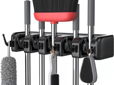Broom Holder Wall Mount - Mop and Broom Hanger Holder - Garage Storage Rack & Garden Tool Organizer - 5 Position 6 Hooks Broom Rack for Home, kitchen, Garden, Tools, Garage Organization - Black