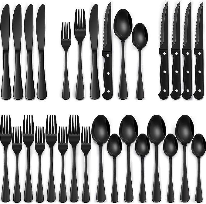 24-Piece Black Silverware Set with Steak Knives, Black Flatware Set for 4, Food-Grade Stainless Steel Tableware Cutlery Set, Mirror Finished Utensil Sets for Home Restaurant