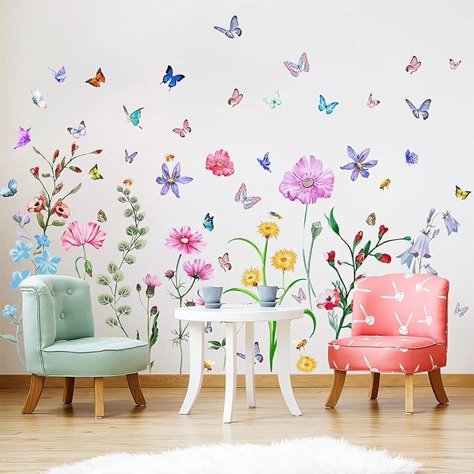 Colorful Flower Wall Stickers with Butterfly and Bee 58 Pcs Removable Flower Wall Decals DIY Peel and Stick Art Wall Decor Mural for Nursery Baby Kids Bedroom Living Room Kitchen Home Decoration