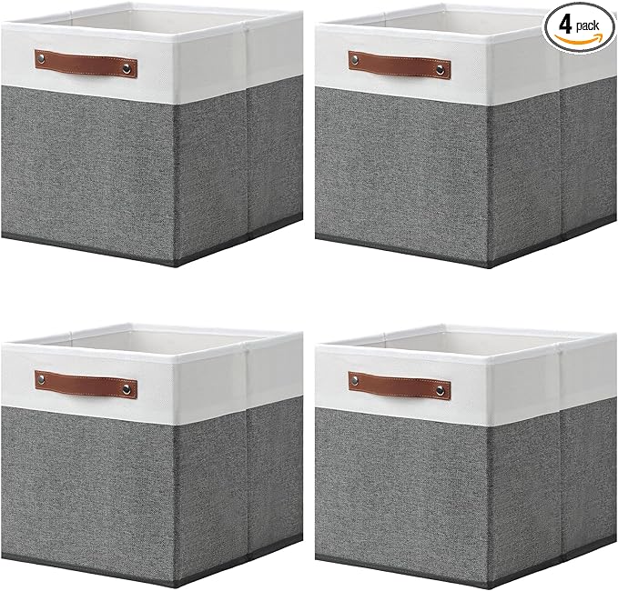 13″x13″ Large Storage Cubes, Set of 4 Collapsible Cube Storage Bins With Handles for Organizing, Fabric Closet Organizers Box for Playroom, Office, Dorm Home Organization and Storage(White&Grey)