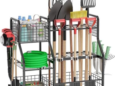 Felnuhee Garden Tool Organizer for Garage, 3 Tier Utility Yard Tool Organizer and Storage Holder with Wheels, Large Garden Tool Rack with Extra Storage Basket for Garden/Shed/Garage/Yard/Basement/Lawn