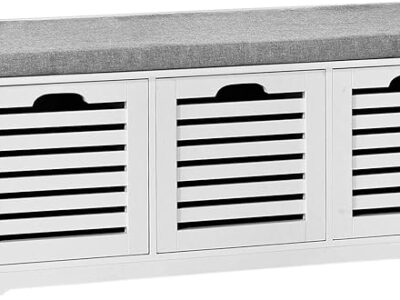 Haotian FSR23-W, White Storage Bench with 3 Drawers & Padded Seat Cushion, Hallway Bench, Shoe Cabinet, Shoe Bench