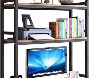 AOOSSI Computer Desktop Bookcase, 2-Tier Countertop Hutch Display Shelf, Multipurpose Adjustable Wood Rack Organizer for Home Dorm Office Supplies - Brown