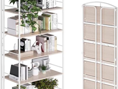 GHQME No Assembly Folding Bookshelf, Metal Book Shelf for Storage, Folding Bookcase for Office Organization and Storage (White, 5 Tiers)
