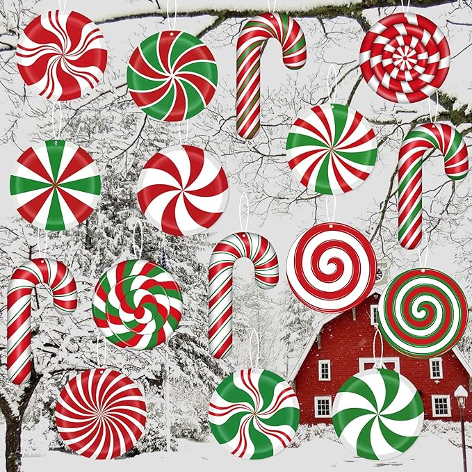 22Pcs Large Christmas Candy Cane Tree Decorations, Double Sided Red Green White Plastic Lollipop Candy Canes Christmas Hanging Ornaments for Christmas Tree House Xmas Supplies Outdoor Porch Yard Decor