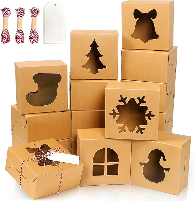 BEAVOING 24 PCS Brown Bakery Boxes with Window, 6x6x3 Inch Christmas Cookie Boxes for Gift Giving, 6 Inch Small Treat Boxes for Mini Cake Pastry Dessert Strawberries Cupcakes Candy Donut Packaging