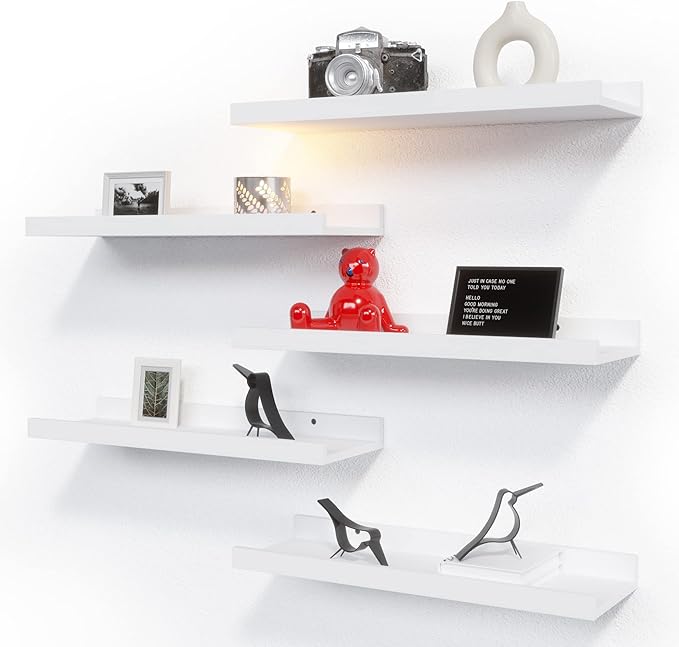 5 Set White Floating Shelves, Wall Mounted Shelves for Wall Decor