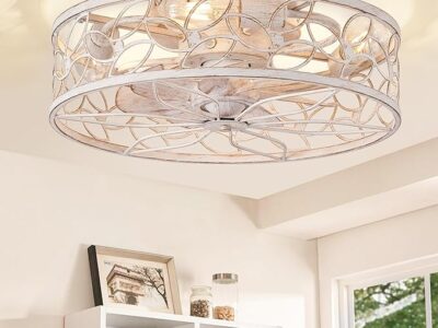 Caged Ceiling Fans with Lights, White Flush Mount Ceiling Fan with Remote