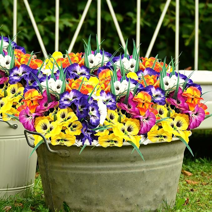 10 Bundles Artificial Pansy Flowers UV Resistant Plastic Plants