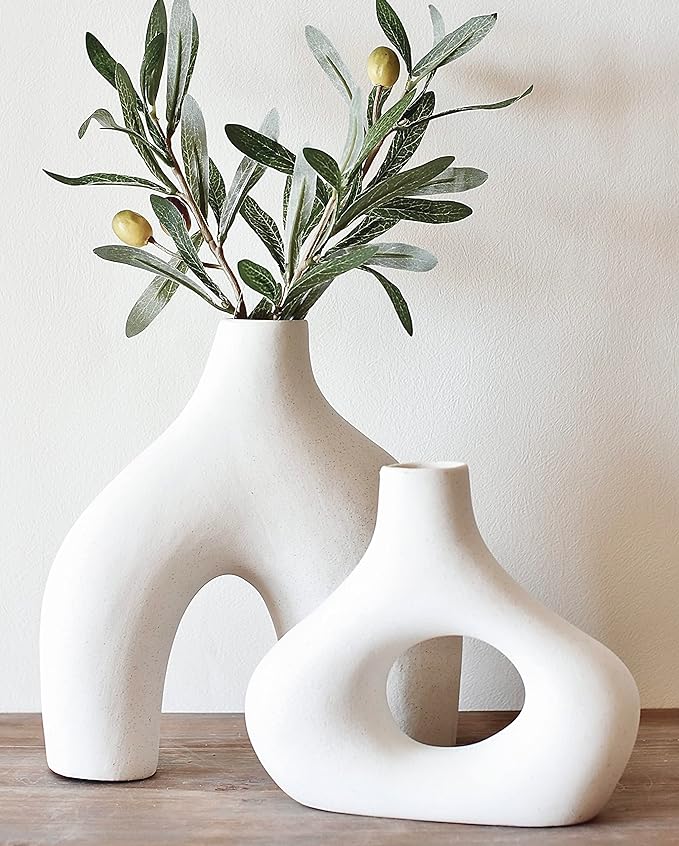 Set of 2 – Minimalist Nordic, White Ceramic Hollow Donut Vase Decor