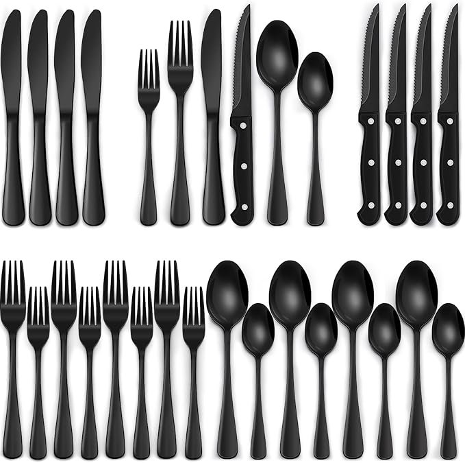 24-Piece Black Silverware Set with Steak Knives