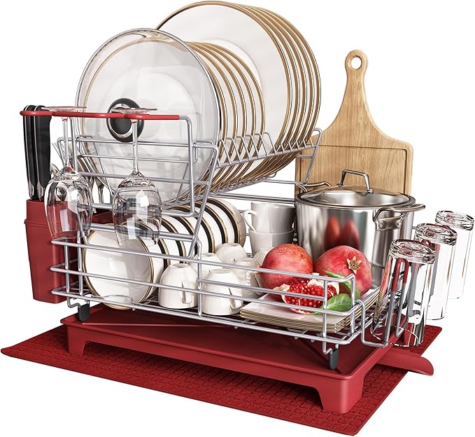 MAJALiS Red Dish Drying Rack Drainboard Set, 2 Tier Stainless Steel Dish Racks with Drainage