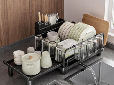 Large Dish Drying Rack, Extendable(17.3"-27.1") Drying Rack Kitchen with Drainboard Set, for Kitchen Counter