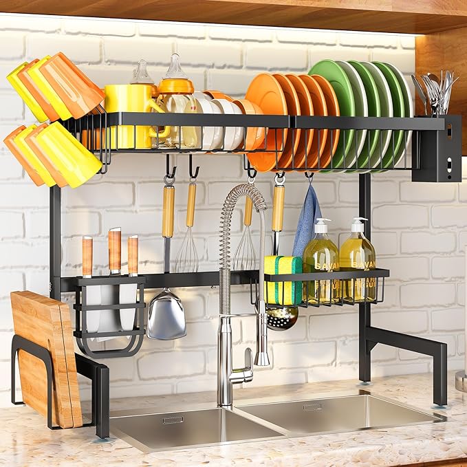 Over The Sink Dish Drying Rack, Adjustable (26.8″ to 34.6″) Large Dish Drainer Drying Rack for Kitchen