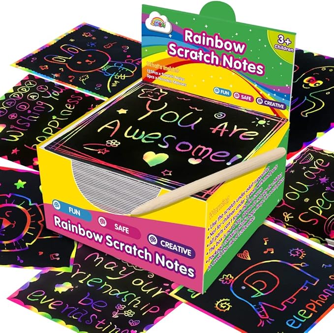 ZMLM Rainbow Scratch Mini Art Notes – 125 Magic Scratch Paper Note Cards for Kids Toy