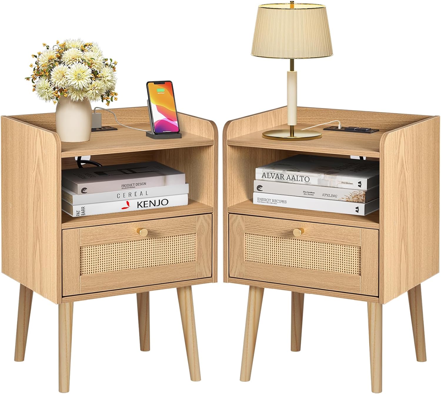 Night stand Set of 2, Bedside Tables with Charging Station, Rattan End Tables, Bed Side Tables, Wood Nightstands set of 2 for Farmhouse Kids’ Room Bedroom Living Room Dorm Sofa Office Corner