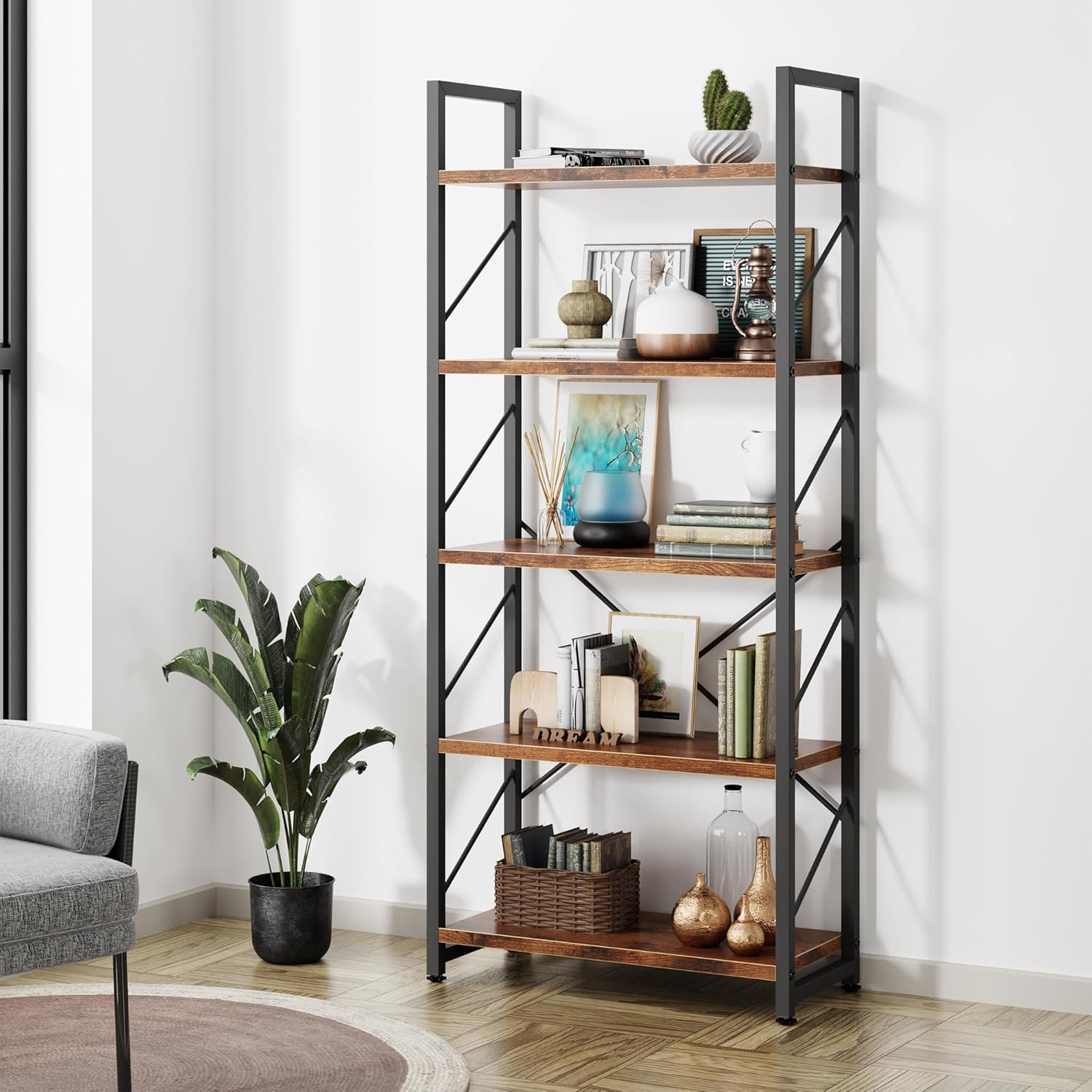 5 Tier Bookshelf, Tall Bookcase Shelf for CDs/Movies/Books, Home Office Bookcase Shelf Storage Organizer