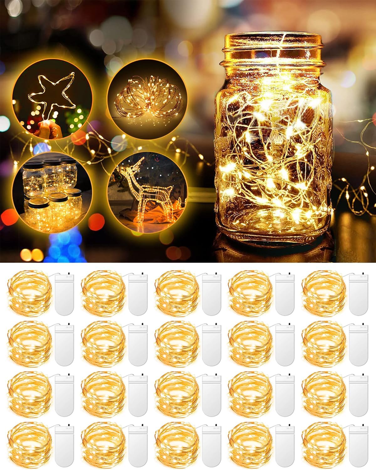 20 Pack Fairy Lights Battery Operated 3.3ft 20 LED Mini String Lights Twinkle Lights Copper Wire Firefly Starry Lights