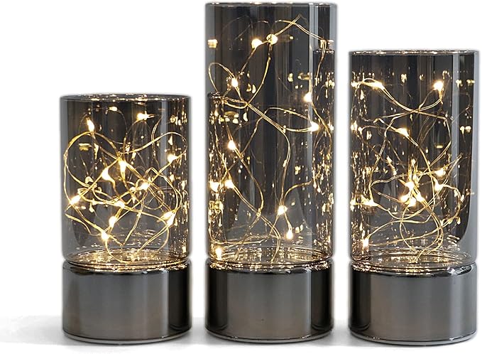 Set of 3 Glass Cylinder Lanterns with Fairy Lights