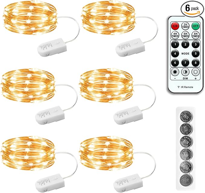 6PCS Fairy Lights Battery Powered with Remote, 7ft 20LEDs Warm White Twinkle Mini Lights with Timer