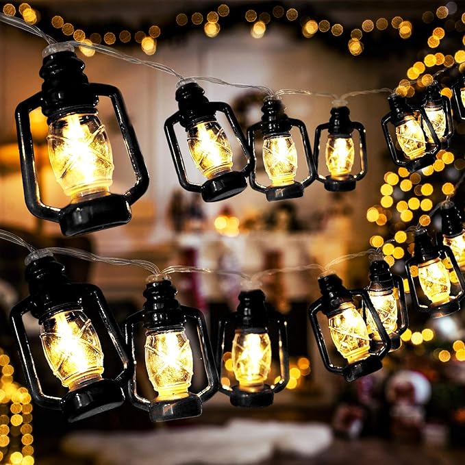 20 LED Black Lantern String Lights Mini Kerosene Lamp for Indoor Outdoor