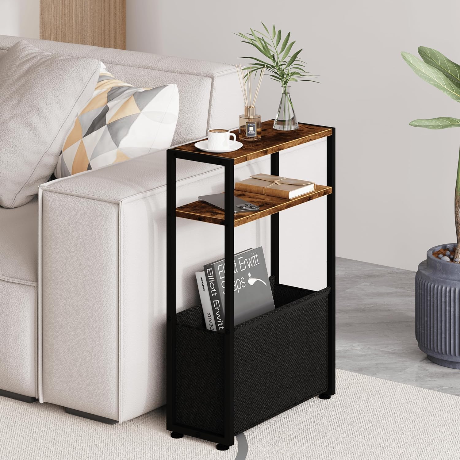 Narrow Side Table, Slim End Tables with Fabric Basket, Skinny Table for Small Spaces, Thin Bedside Table for Living Room, Bedroom