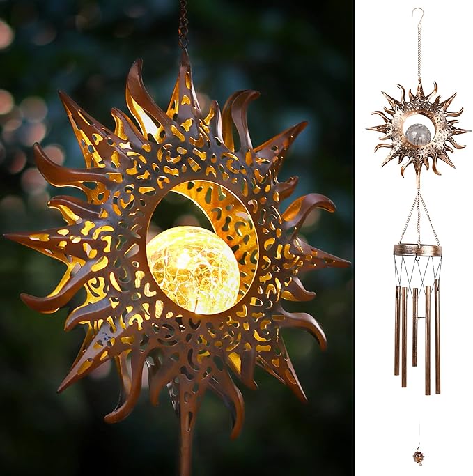 Sun Wind Chime Outdoor Clearance with Glowing Crackle Glass LED