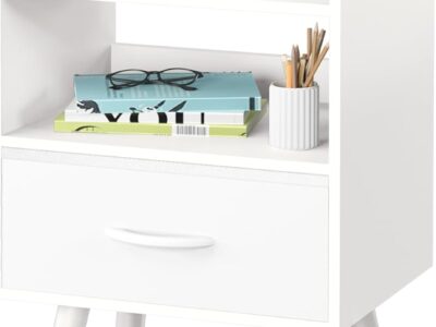 Night Stand with Drawer, Modern Nightstand, Bedside Tables, Mid Century Nightstands with Open Storage Shelf, Wood Bedside Table, Small Night Stands for Bedrooms, 2-Tier Night Table
