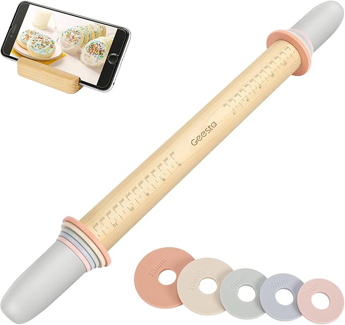 Adjustable Wood Rolling Pin with 5 Thickness Rings