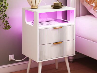 White Nightstand with Charging Station and LED Lights,Modern Bedside Table with 2 Storage Drawer and Open Wood Shelf, for Bedroom and Small Spaces,Night Stand with Solid Wood Legs,White