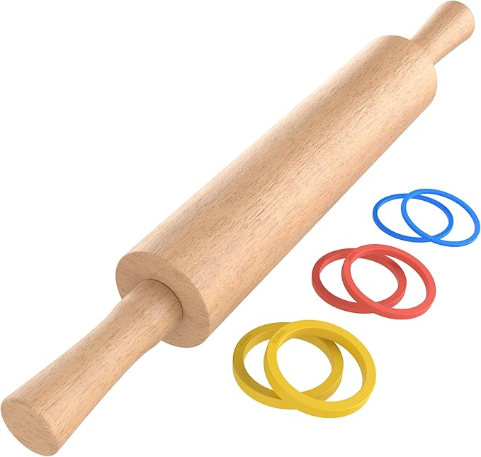 Classic Wooden Rolling Pin with 3 Multi-Color Thickness Rings