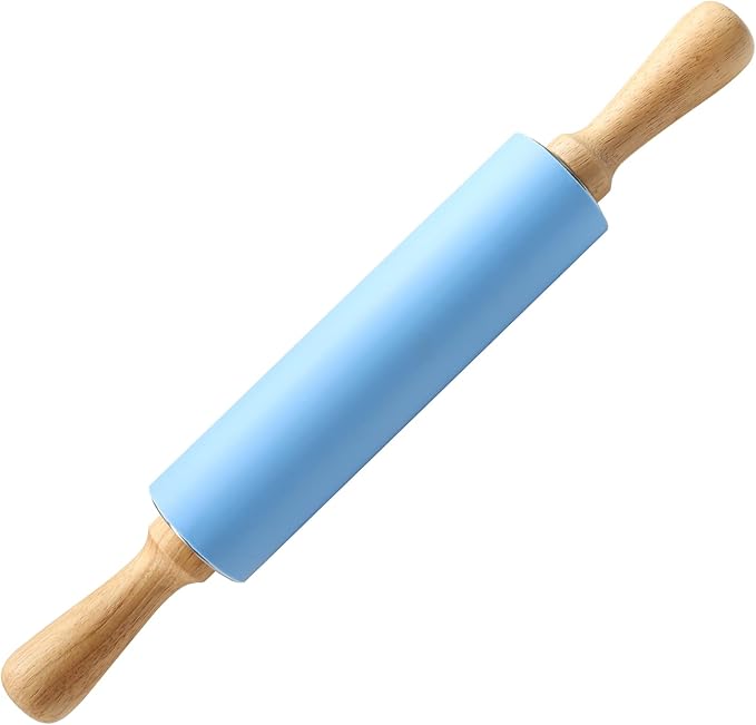 15-inch Silicone Rolling Pin Non-stick Surface and Comfortable Wood Handles