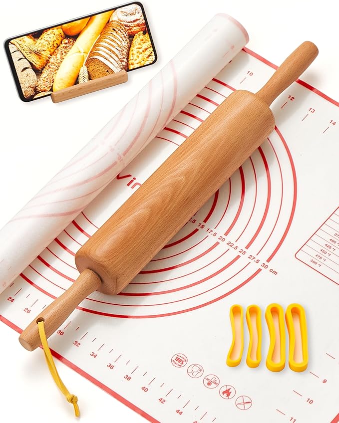 17″ Rolling Pins for Baking with Silicone Mat and Adjustable Thickness Rings