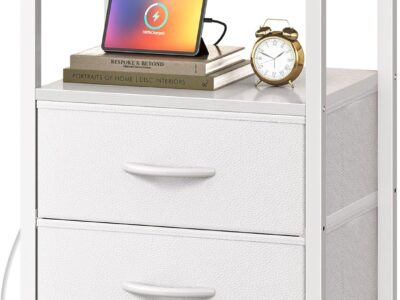 Nightstand with Charging Station, Side Table with Fabric Drawers, End Table with Open Shelf, Bedside Table with USB Ports and Outlets, Night Stand for Bedroom