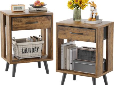 Nightstand Set of 2 with Fabric Drawers and Open Shelves - Rustic Bedroom Side Tables