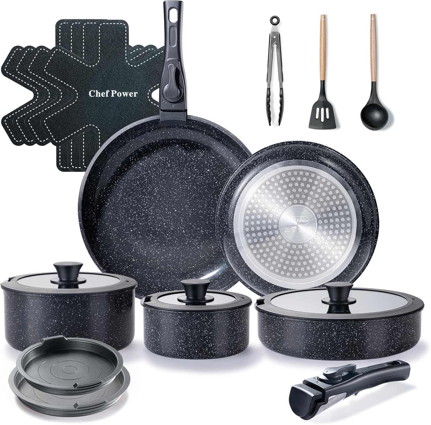 Ceramic Nonstick Cookware Set 19 Piece with Detachable Handle, Induction Dishwasher Oven Safe Pans and Pots Set