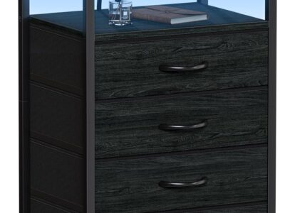 Night Stand with Charging Station, Black Nightstand with Drawers and Led Light, Tall Dresser for Bedroom, Bedside Table with Fabric Storage Bins, Metal Frame, Wood Furniture