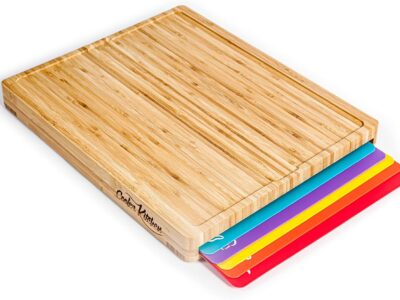 Bamboo Wooden Cutting Boards for Kitchen – Best Wood Cutting Board Set, 6 Color Coded Flexible Plastic Chopping Mats With Food Icons