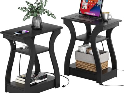 End Table Set of 2 with Charging Station, Side Table with USB Ports and Outlets, Nightstand, 3 Tier End Table with Storage Shelf for Living Room, Bedroom