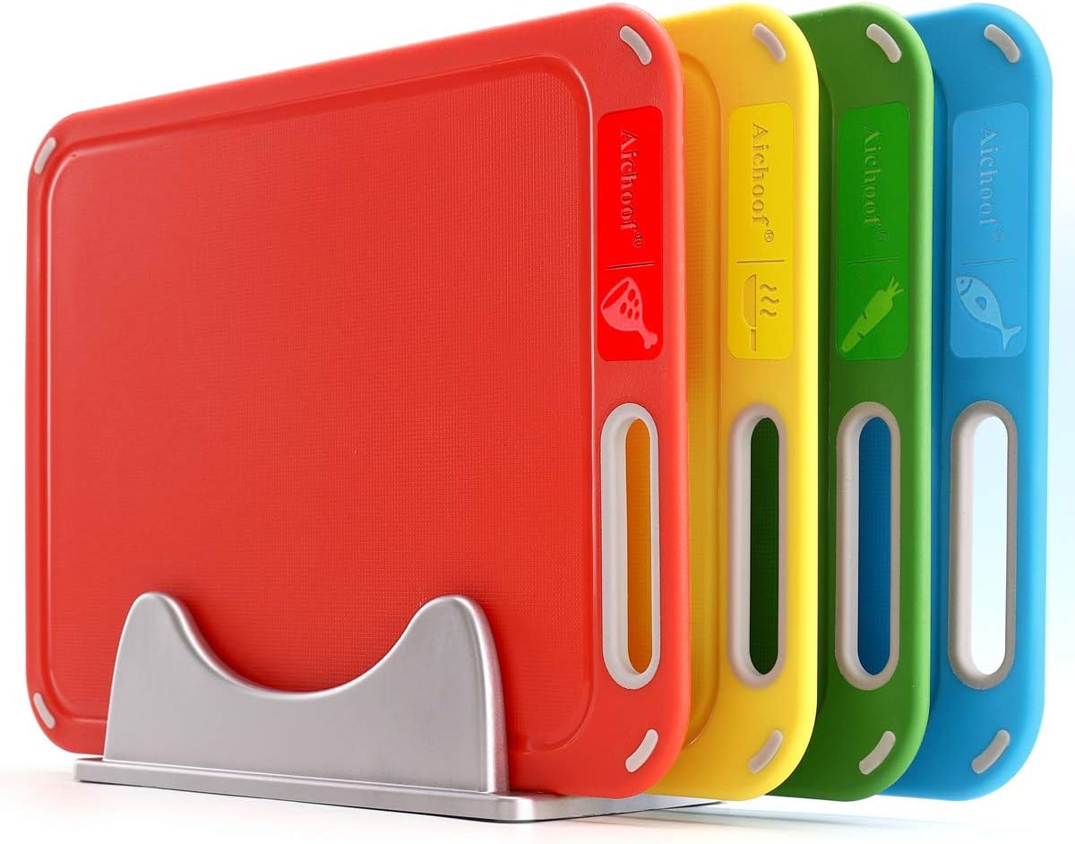 Plastic Cutting Board, Set of 4 with Storage Stand, Color Box Packed, BPA-Free, Preventing Cross-contamination of Different Food Types
