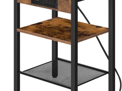 End Table with Charging Station and USB Ports, 3-Tier Nightstand with Adjustable Shelf, Small Side Table for Small Space in Living Room, Bedroom and Balcony