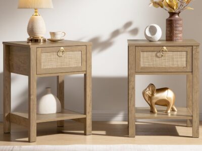 Nightstand Set of 2 - Rattan Decor Drawer with Brass Knobs Night Stand Bedside Table Boho End Tables Side Tables with Storage Shelf for Bedroom