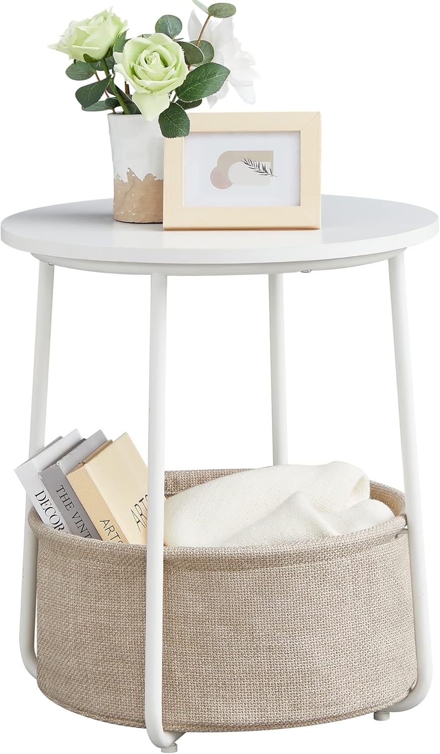 End Table, Small Bedside Table with Fabric Basket, Modern Nightstand, Round Side Table, for Living Room, Bedroom