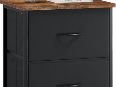 Nightstand with 2 Drawers, Bedside Table Small Dresser with Removable Fabric Bins for Bedroom Nursery Closet Living Room - Sturdy Steel Frame, Wood Top