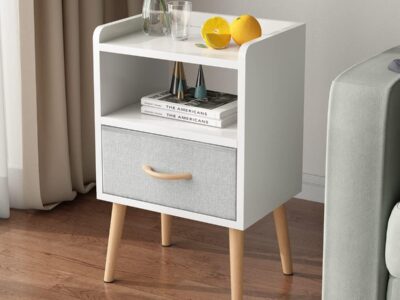 Night Stand with Drawer, Modern Nightstand, Bedside Tables, Mid Century Nightstands with Open Storage Shelf, Wood Bedside Table, Small Night Stands for Bedroom
