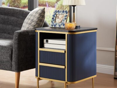 Modern Chic Fluted Nightstand Luxury with Charging Station, End Table/Bed Side Table w/2 Drawers, Faux Marble Tabletop, Gold Metal Decor, Curved Edge Design, Navy Blue