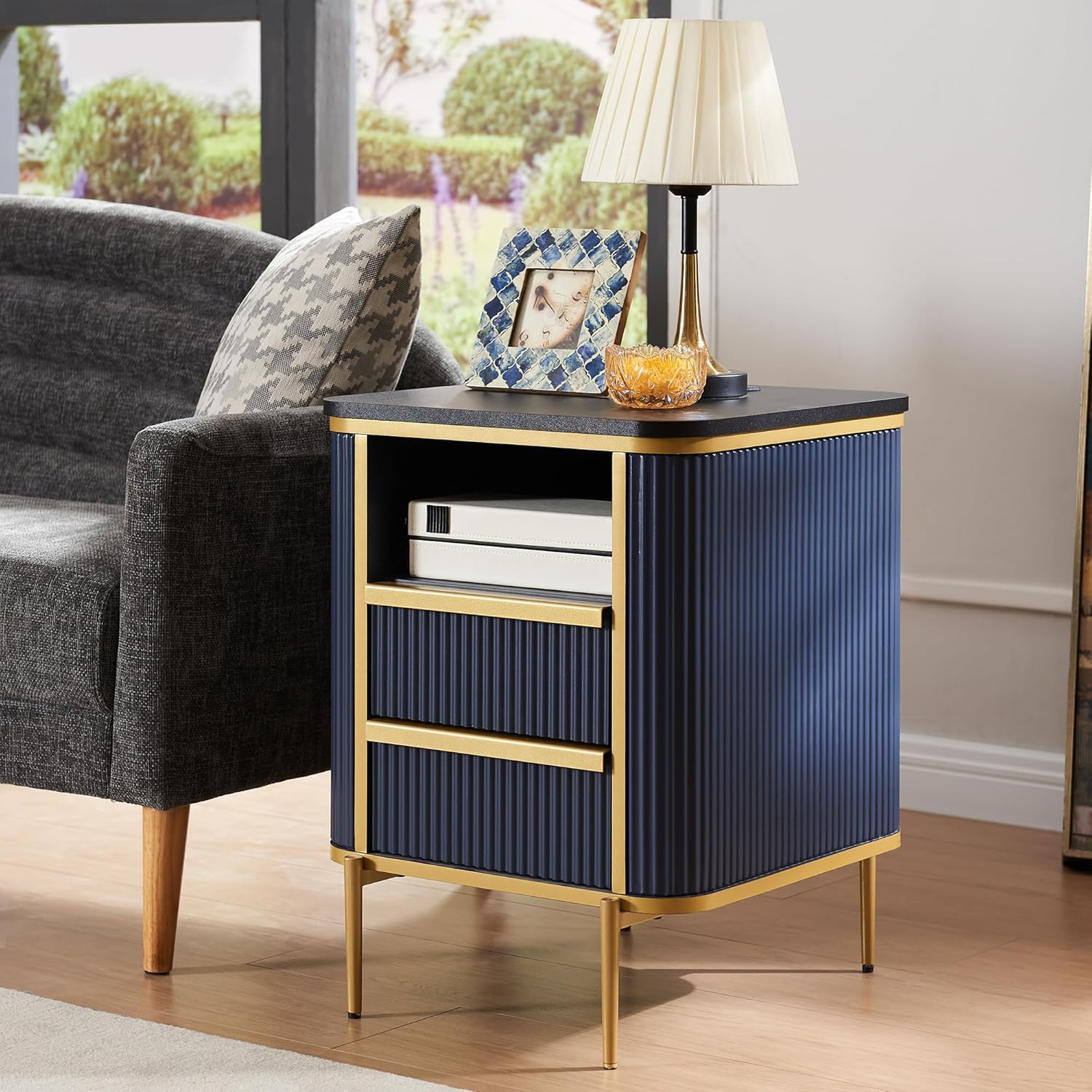 Modern Chic Fluted Nightstand Luxury with Charging Station, End Table/Bed Side Table w/2 Drawers, Faux Marble Tabletop, Gold Metal Decor, Curved Edge Design, Navy Blue