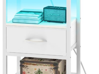 White Night Stand with Charging Station, LED Nightstand for Bedroom, Bedside Tables with Adjustable Fabric Drawer, 3-Tier End Table Living Room, Small Side Table with Storage